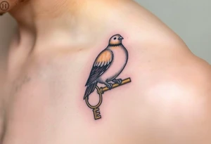 A collared dove perched on a vintage key, with the dove in soft browns and whites, and the key in antique gold, symbolizing love, protection, and freedom tattoo idea