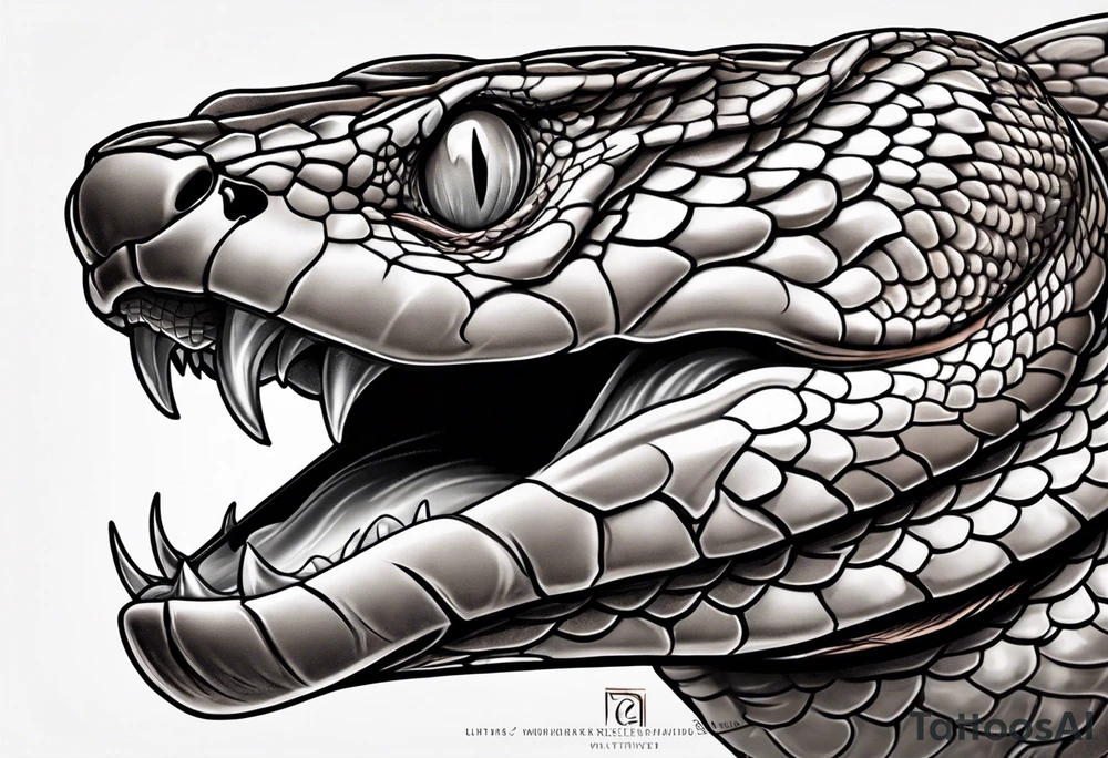 Copperhead with just the head turned up and mouth open, two fangs, black and white drawing with copper colored eye tattoo idea