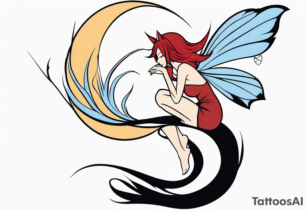 A fairy with a tail inspired by the logo of the show called Fairy Tail in a fetal position leaning in tattoo idea