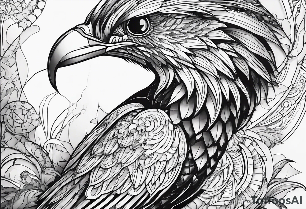 Minimalistic design Cyberpunk Quetzal that has cybernetic neurons coming from the bottom. tattoo idea