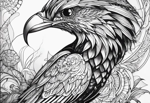 Minimalistic design Cyberpunk Quetzal that has cybernetic neurons coming from the bottom. tattoo idea