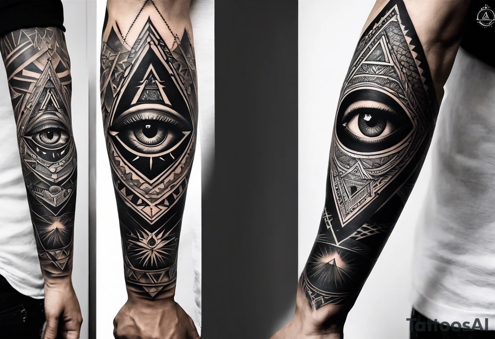 A full tattoo sleeve designed with a masculine and impactful aesthetic, featuring a central motif of a detailed eye enclosed within an equilateral triangle, symbolizing the all-seeing eye or third eye. The eye is intricately detailed, with shading that emphasizes depth and insight, while the equilateral triangle frames it with precision, enhancing its symbolic meaning. Surrounding this central element, incorporate roses and leaves, rendered with rich, detailed shading. The roses, symbolizing beauty and strength, and the leaves, adding natural elegance, are intertwined to create a seamless flow around the central eye. The shading throughout the design is deep and dramatic, adding contrast and depth to both the eye and the floral elements. The overall aesthetic focuses on strong shading and contrast to highlight the intricacies of the design, resulting in a powerful, masculine sleeve with a captivating balance between symbolic and artistic elements tattoo idea