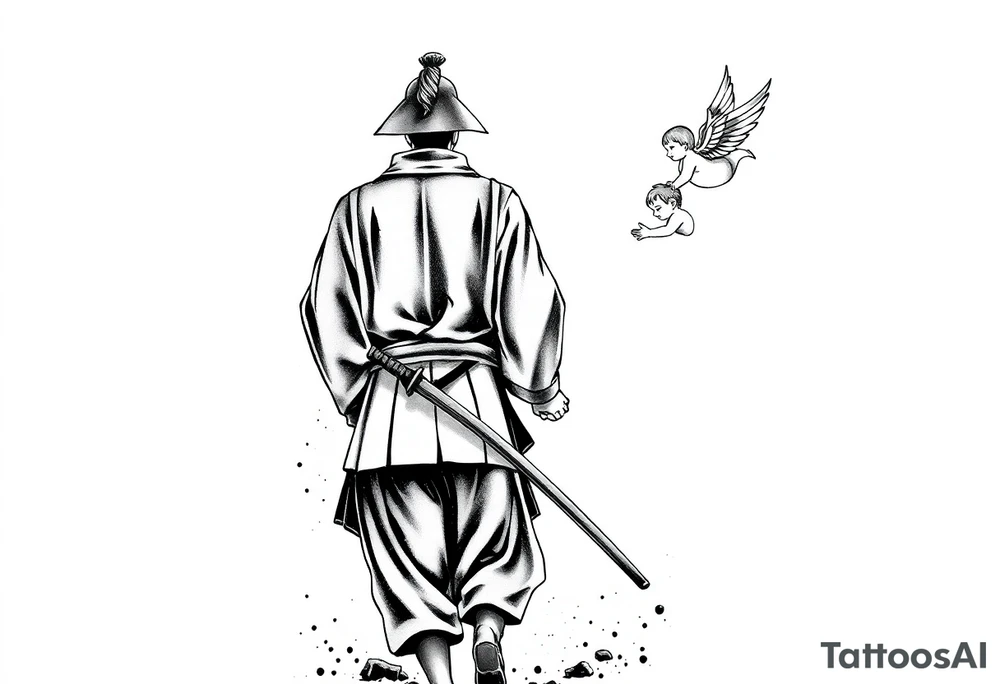 Blackwork tattoo illustration of a samurai walking forward, seen from behind. The samurai wears a traditional kimono and hakama, holding two long katanas in a relaxed but ready pose. To his right, a small child angel with detailed feathered wings floats in the air, gently reaching toward him with an outstretched hand. Strong contrast, dynamic ink splatters, sumi-e brush stroke effects, minimalist white background, dramatic lighting, emotional and symbolic composition, high-detail linework tattoo idea
