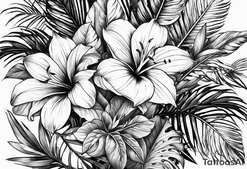 Tropical flower leaves tattoo idea