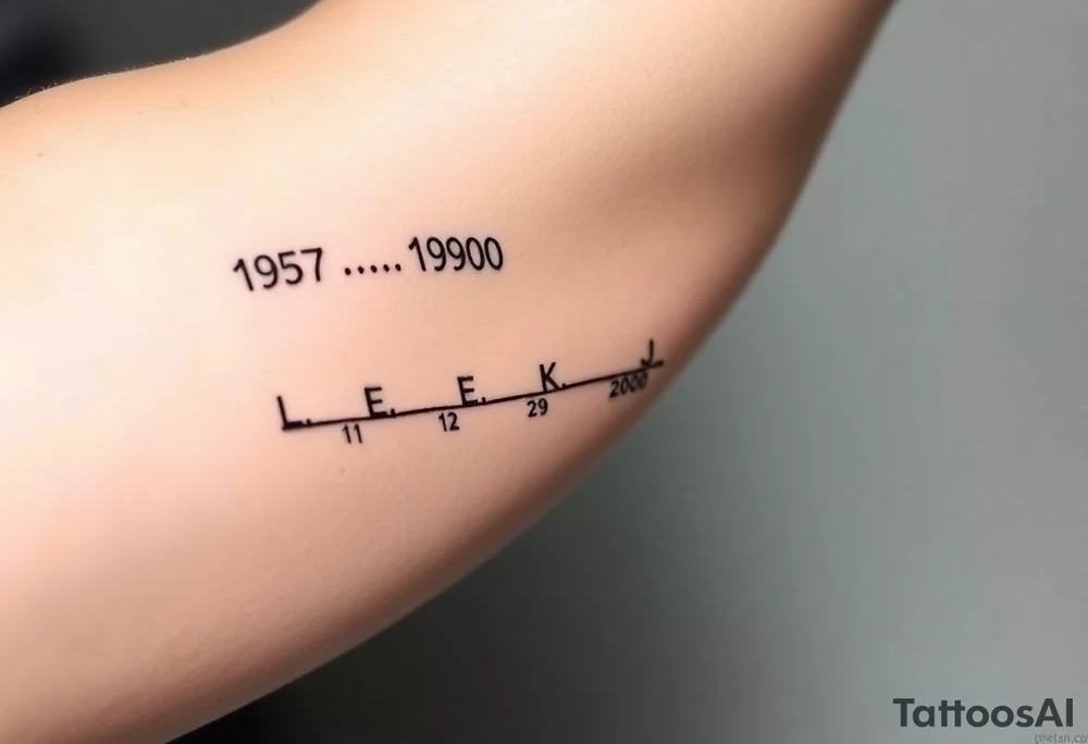 Design it like this please 
          1957 <3 
    .......................
    1980   1989   1998   2000
     L          E          K          J
For above arm crease 
Mum on top
And kids under like a family tree timeline thing tattoo idea