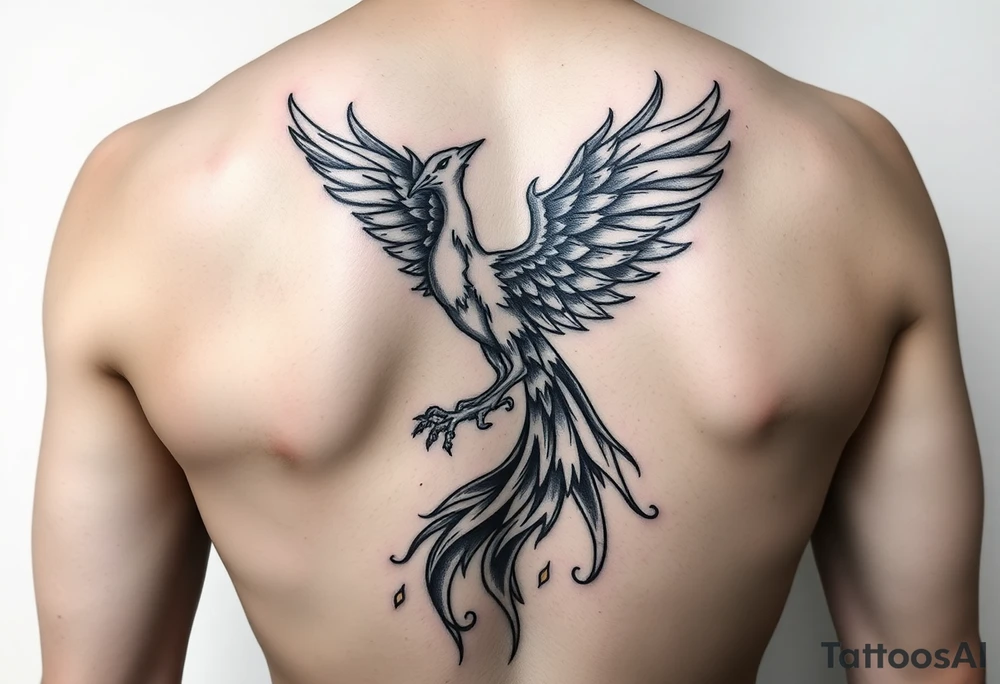 magnificent phoenix rising from golden flames with trailing embers tattoo idea