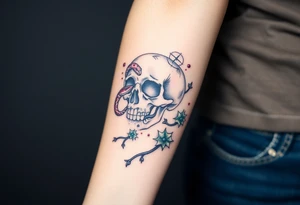Skull with a snake going through its eyes and prickly vines with a clock in the background tattoo idea