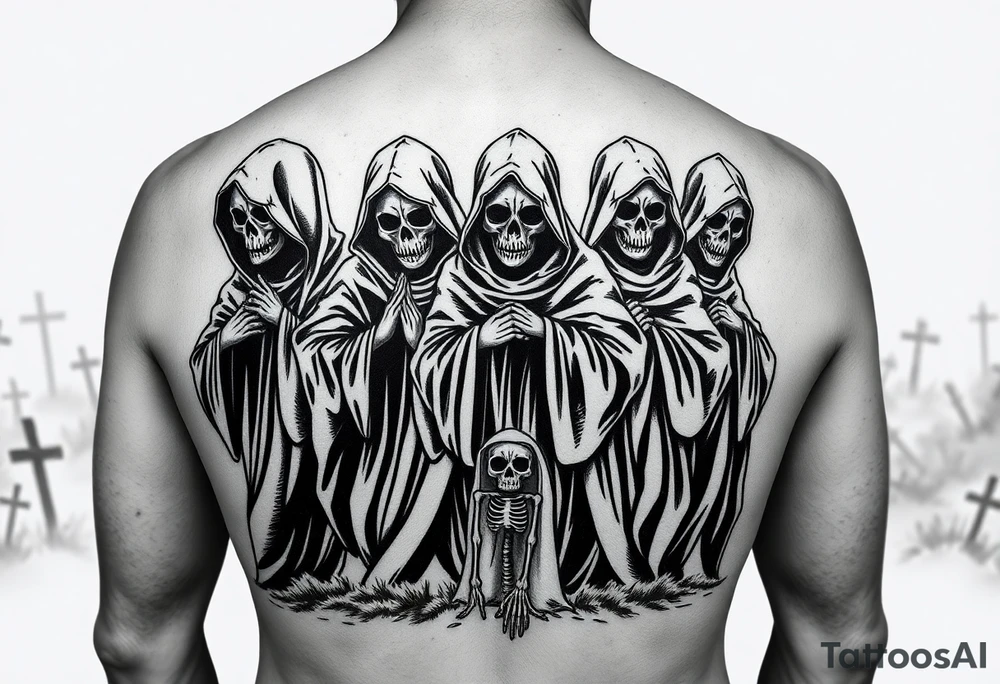 dark black and grey horror tattoo sleeve, procession of hooded skeletal ghouls standing side by side like corrupted ancient preachers, subtle elongated skull faces inspired by ghostface mask, tattered flowing robes, ominous religious atmosphere, false prophets leading souls to damnation, one skeletal victim being dragged away at the bottom, smoky hellfire filler near the lower section, subtle robe-like filler in upper section, high contrast realism, gothic graveyard background with sparse large distant crosses, cursed sermon aesthetic, detailed tattoo stencil style, smooth readable composition, realistic 
blackwork tattoo” tattoo idea