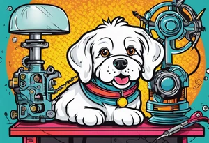 White dog fixing mechanical brain with screwdriver tattoo idea