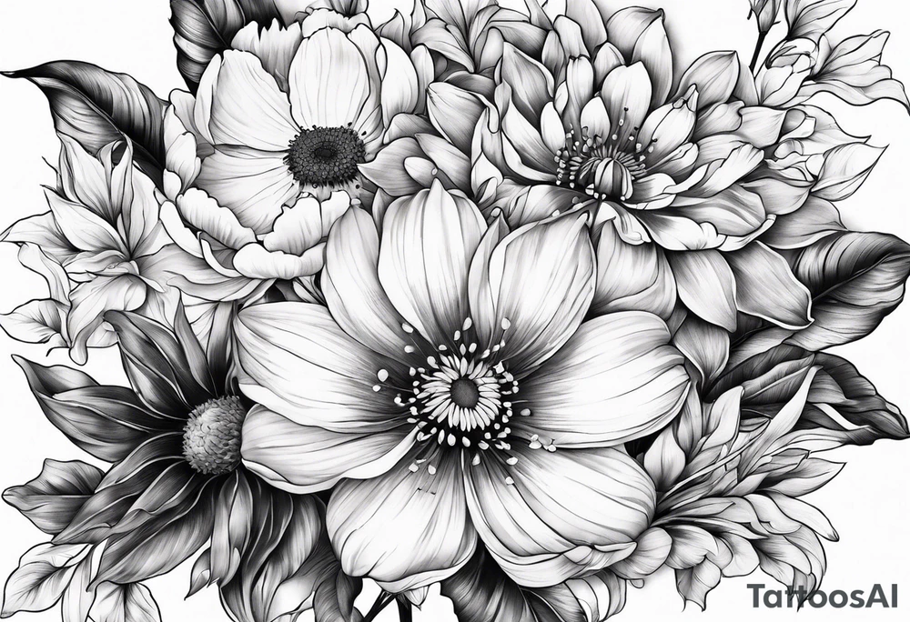cherry blossom, peony, sunflower, tulip, lily tattoo idea