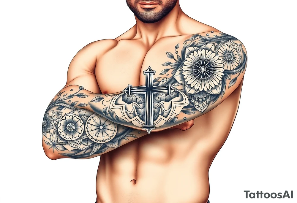 wellness and healthy symbols, cross and longevity tattoo idea