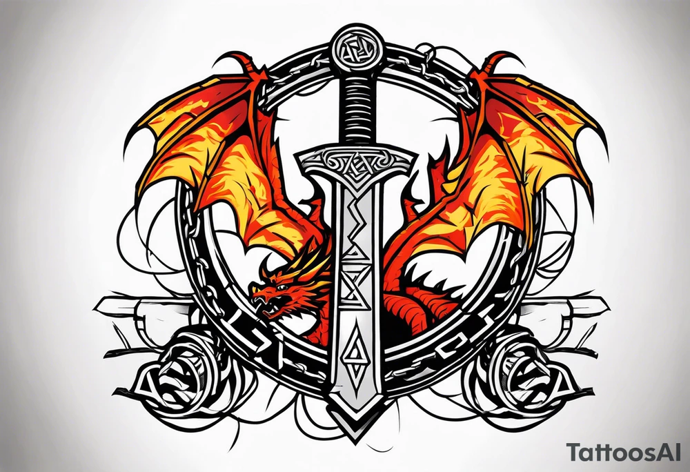 Valhalla sword shield axe barbed wire chains valknut fire dragon tattoo idea Valhalla sword shield axe barbed wire chains valknut fire dragon tattoo idea