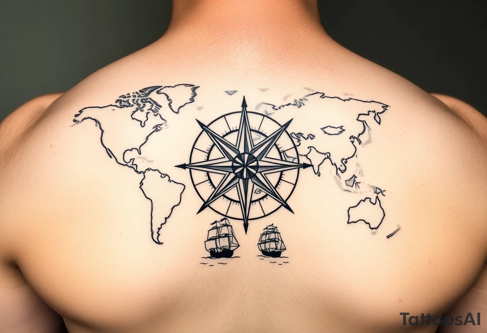 antique compass rose overlaid on weathered world map with sailing ships tattoo idea