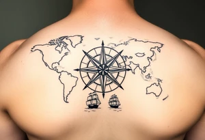 antique compass rose overlaid on weathered world map with sailing ships tattoo idea