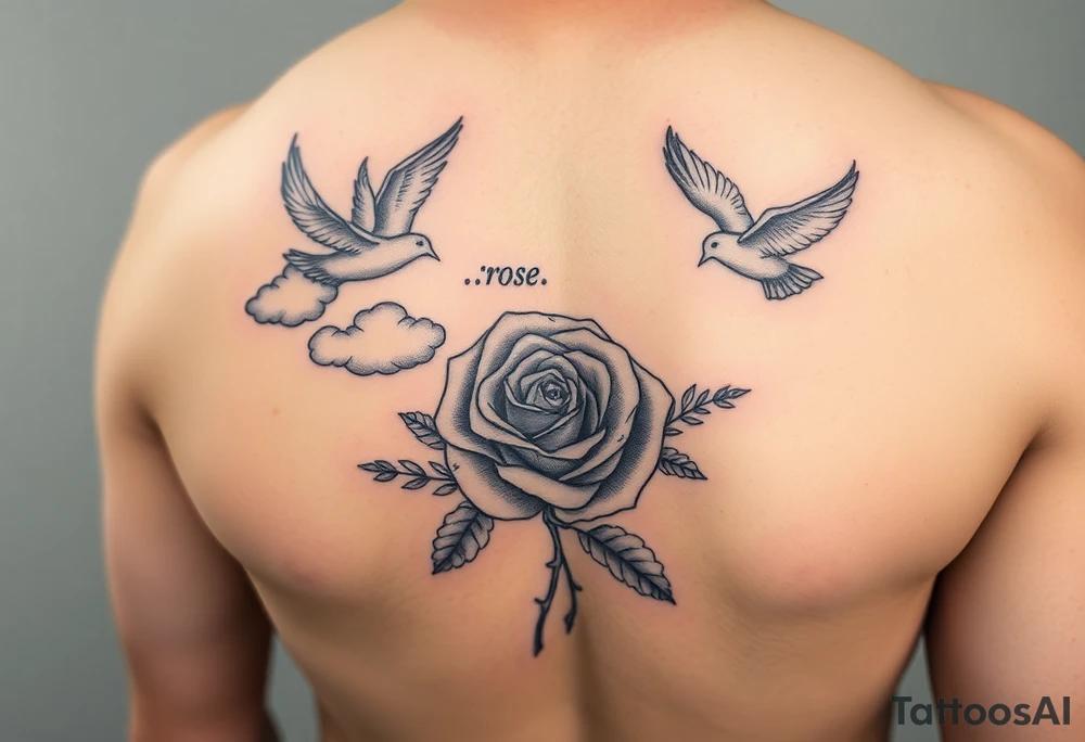 forearm tattoo with clouds doves and a rose (make it  a realistic art style )and grandmothers name that is ":rose" tattoo idea