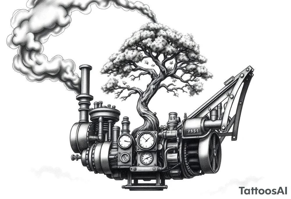 tree growing out of a v shaped engine with lots of pipes, guages and steam around the engine 
 with a smoke stack coming out of the top 
 billowing black smoke as if the tree and engine were a flying machine flying through the air 
 with an extreme steam punk vibe alot more steam punk 
it should look somewhat like a hot air baloon where the tree is the balloon and the machine is the basket but they are together as one unit, and the sky should have clouds in the back ground as if it were chugging along flying through the sky and needs to look extremely steam punk
the smoke stack should be coming out of the tree and the smoke should be trailing behind the machine 
the tree is the actual smoke stack for the machine tattoo idea