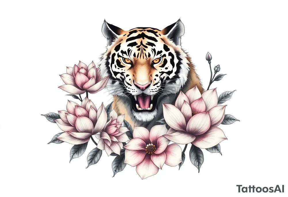 fierce tiger emerging through blooming lotus flowers in mist tattoo idea