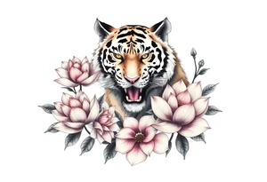 fierce tiger emerging through blooming lotus flowers in mist tattoo idea