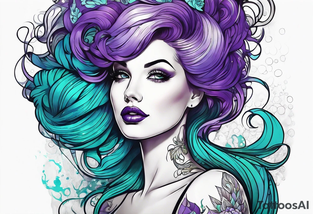 Pinup woman with purple and teal cooled hair underwater tattoo idea