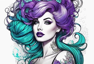 Pinup woman with purple and teal cooled hair underwater tattoo idea