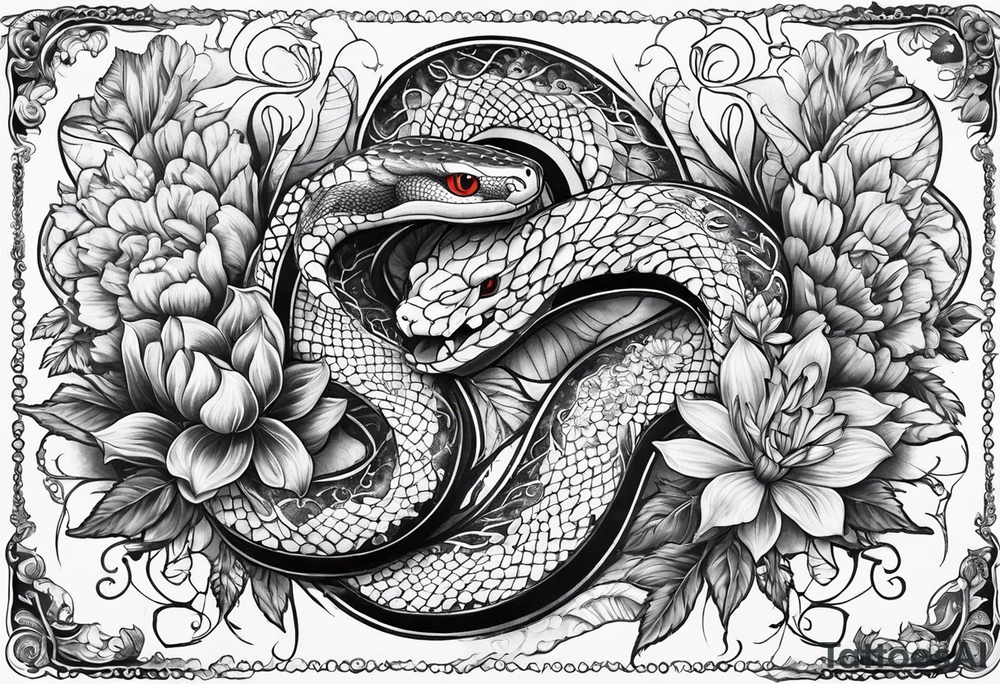 Knife, snake, wildflowers, flames tattoo idea
