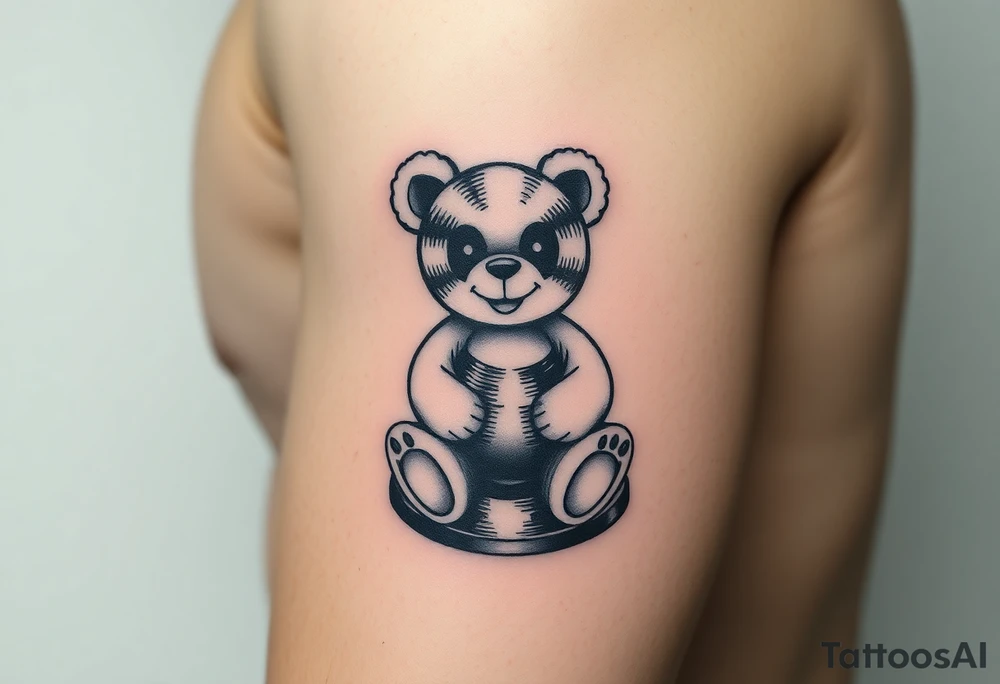 minimalist teddy bear with vinyl records as eyes smiling and sitting on a record tattoo idea