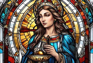 holy saint woman with halo stained glass holding a chalice with artillery tattoo idea