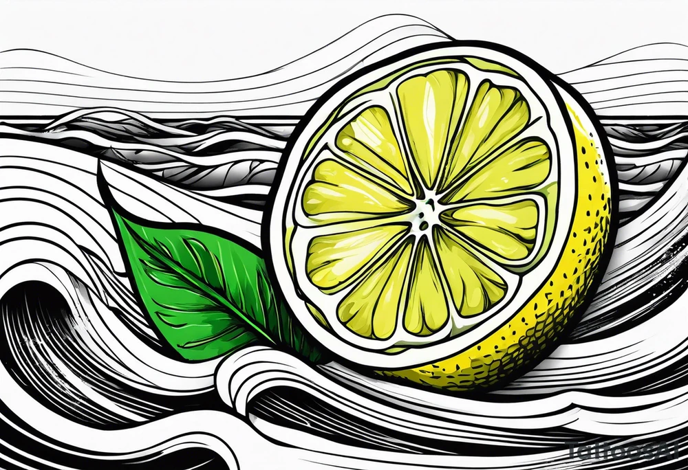 A lemon-Buoy with a green leaf-flag on waves tattoo idea