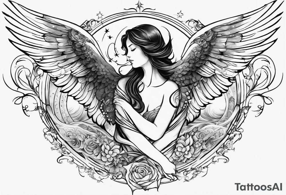 I want sleeve on my right arm depicting four sections, one celestial style with a friend drifting through the cosmos as an angel. One of a band hugging each other standing, one of love lost and found, and a phoenix atop all of it on my shoulder tattoo idea