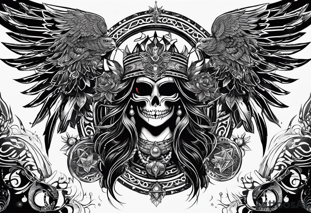 black kali, goddess pirate, alien, pachamama, valkrye, warrior, skull, lotus azul, wing, eagle, zenza resonance, stars, one side chest tattoo idea