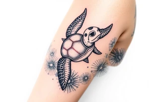 Baby sea turtle with ocean scene surrounded with sea urchins tattoo idea