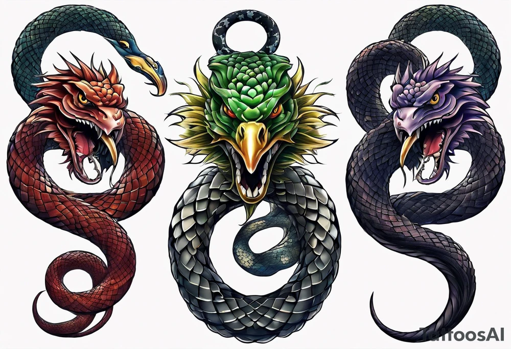 A snake eating its own tail with a sword going through the middle and two ravens eating worms tattoo idea