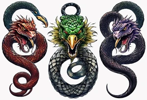 A snake eating its own tail with a sword going through the middle and two ravens eating worms tattoo idea