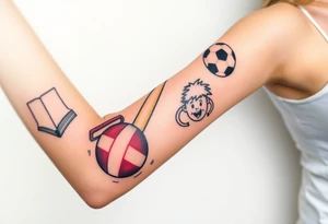 Childhood memories of a book, a bucket and spade, a football, a cricket bat, a cartoon of Dennis the Menace from the Beano comic, and the American Idiot symbol tattoo idea