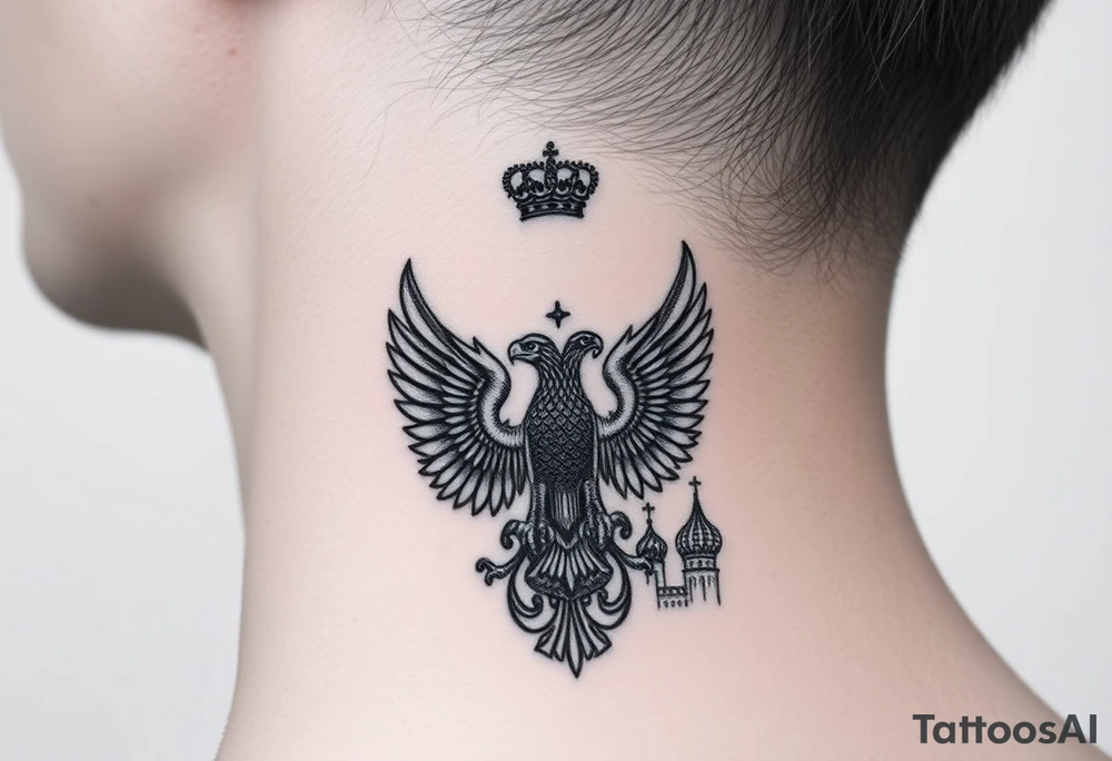 St. George, 3 russian imperial crowns above the Russian coat of arms double eagle and sitting above its wingspan sitting just above Kremlin or St. Basil's Cathedral scene  on the side of my neck tattoo idea