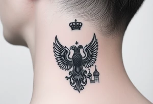 St. George, 3 russian imperial crowns above the Russian coat of arms double eagle and sitting above its wingspan sitting just above Kremlin or St. Basil's Cathedral scene  on the side of my neck tattoo idea