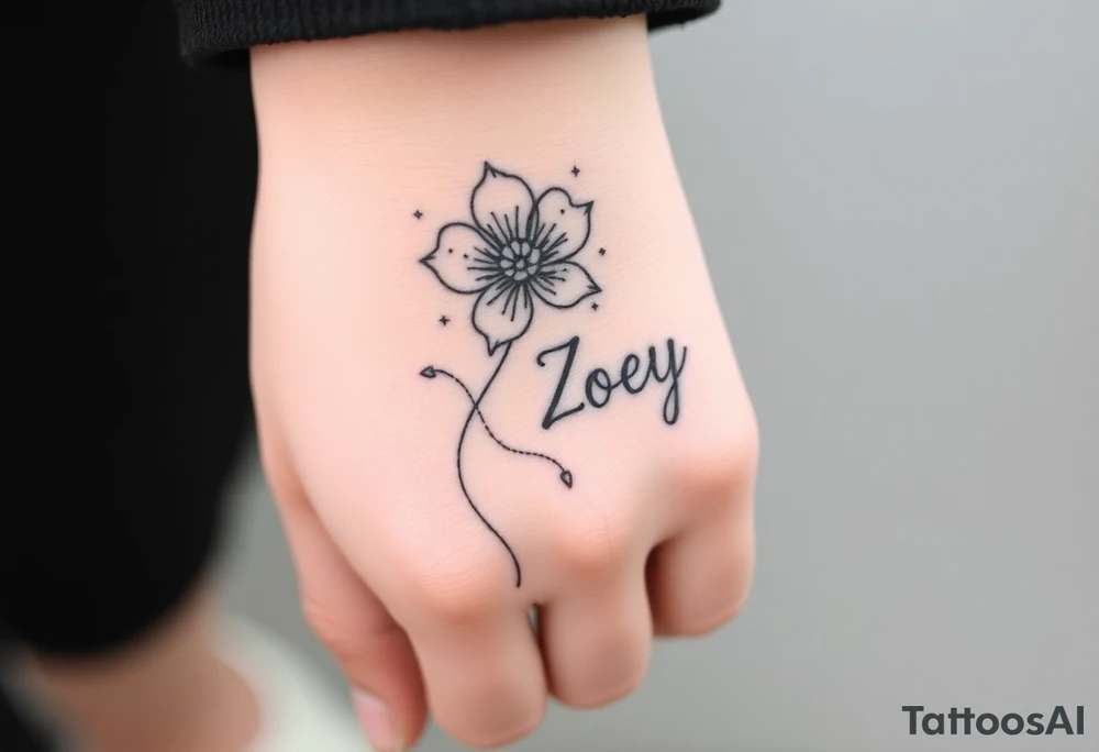 I want it on my wrist. I want a beautiful flower on the inside of my wrist with tendrils down the inside of my arm with little delicate stars or motes and the name Zoey

Why are you showing it on a back? I want it on the inside of my wrist

I want it to be a little smaller. I want the lines to be super fine. I want more organic delicate tendrils. The name Zoey should be about 3" up on the inside of my arm 

I just want the tendrils to look more natural and flowy and graceful.
I do not want stars in it anymore. 
Please show it on the inside of the wrist with the blossom just below the palm and the tendrils curling up the inside of the arm. I want a little more tendrils with some little sparkles very delicate leading to the name
More options. Make it super delicate and graceful. The tendrils can have tiny delicate leaves 

It needs to be on the underside of the wrist on the inside flowing up the arm tattoo idea