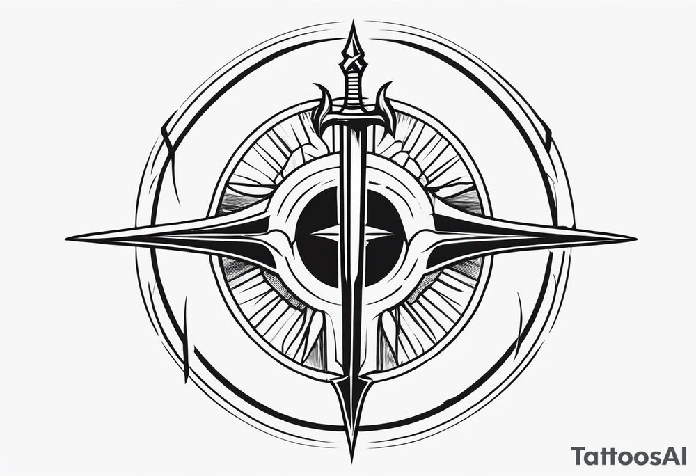 minimal cyber sigilism round pointy swords shoulder design tattoo idea