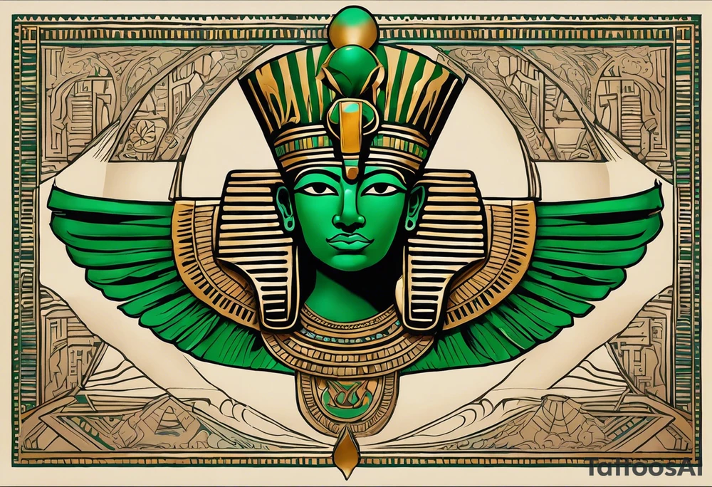 The tattoo represents Osiris, the god of the afterlife and resurrection, with his iconic green skin and traditional attire. His body is wrapped in a detailed shroud, and he is depicted with the Atef crown, featuring the white crown of Upper Egypt flanked by two feathers. His eyes are serene yet powerful, reflecting his role as the judge of the dead. The detailed texture of his skin and attire, along with realistic shadows and highlights, accentuate Osiris’s divine and otherworldly presence. tattoo idea