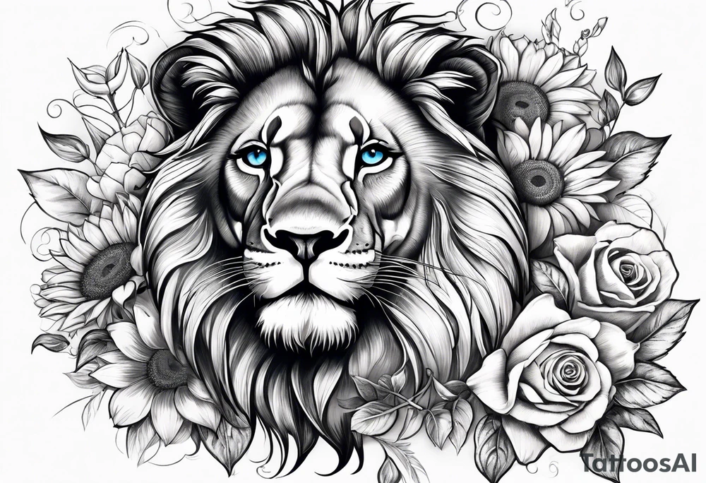 Lion with blue eyes with sunflowers, roses, gerberas and lillys. Including pocket watches. tattoo idea