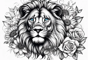 Lion with blue eyes with sunflowers, roses, gerberas and lillys. Including pocket watches. tattoo idea