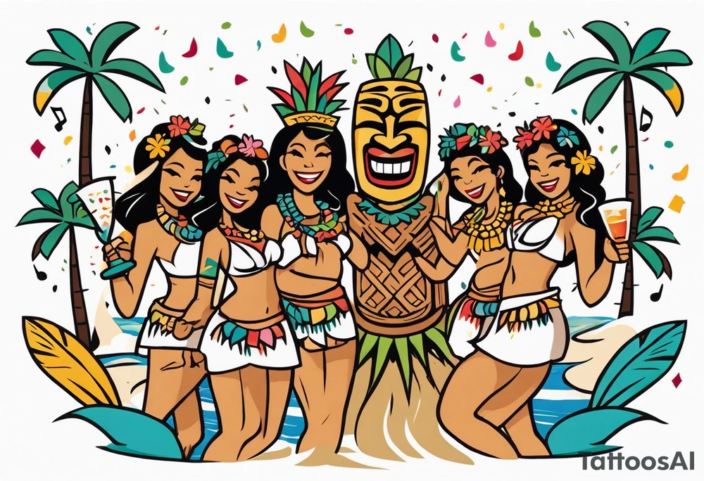 hulu tiki party with dancing tiki guys and sexy tiki girls on a beach with music notes and confetti around a blank space in the middle tattoo idea