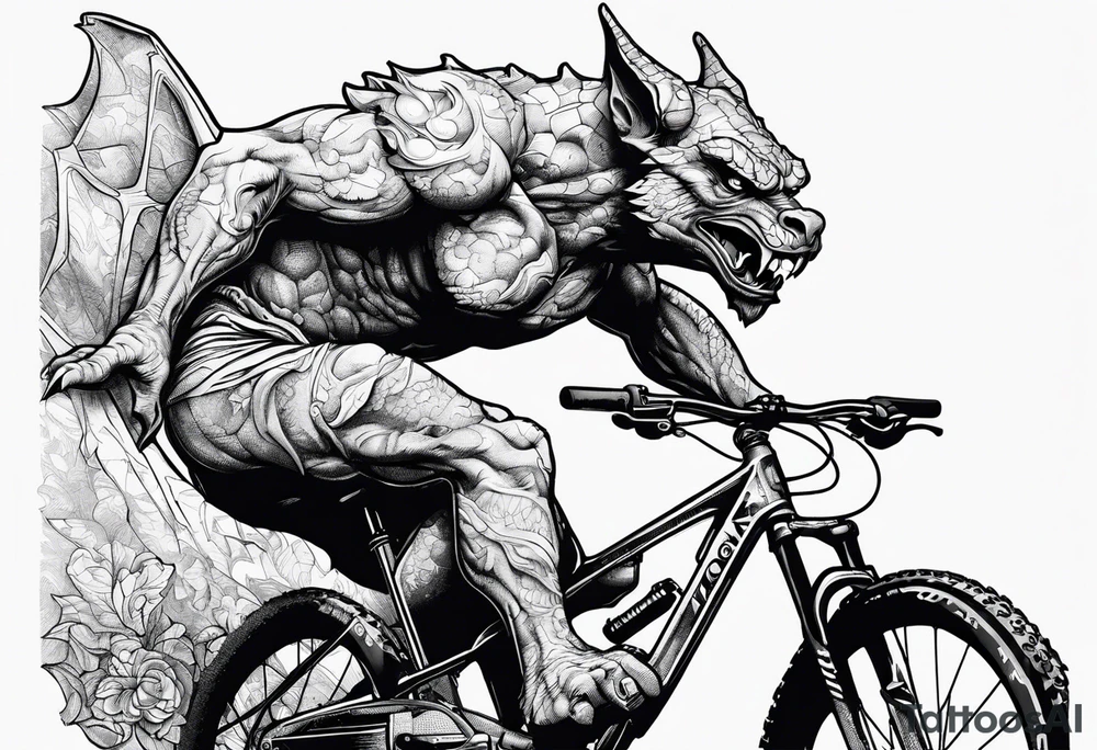gargoyle riding a full suspension mountain bike with a shadow no background tattoo idea