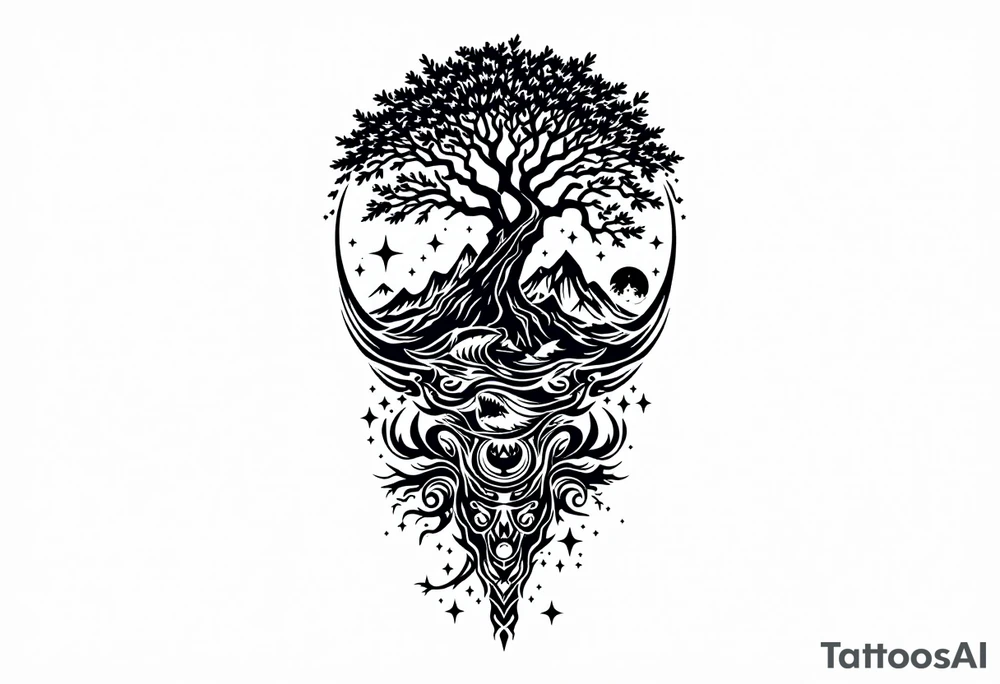 tattoo that has an acacia tree with mountains, ocean with a ship wreck with sharks and the bright northern star tattoo idea