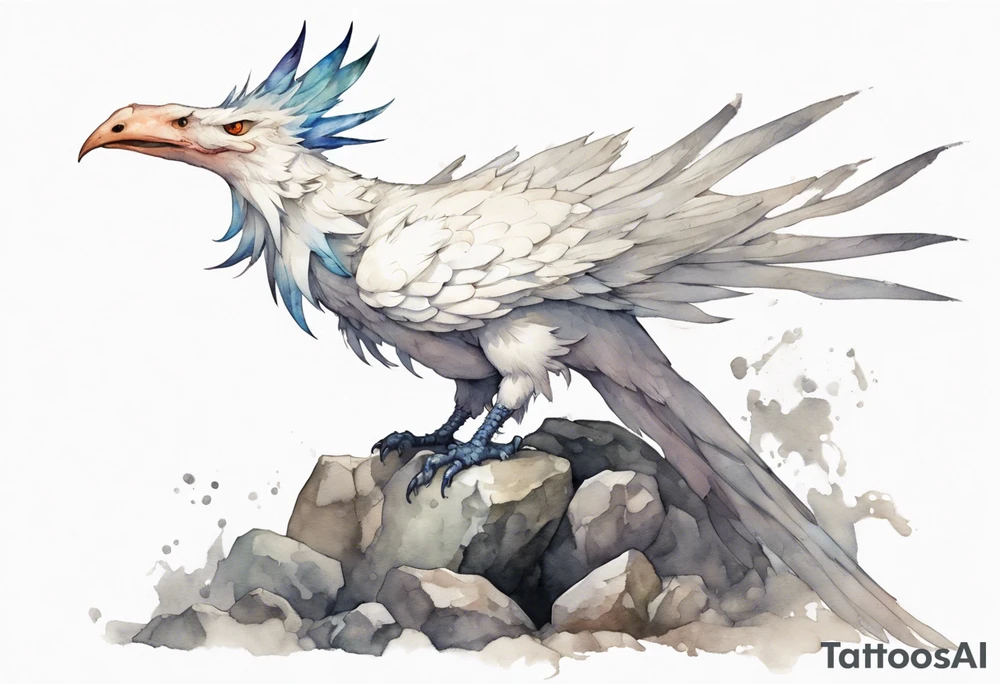 a white bird-wyvern hybrid, wearing a plain iron crown on head, perched on a stone tattoo idea