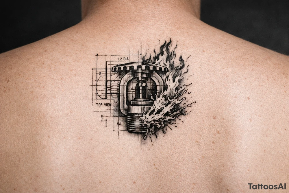 Fire sprinkler design plan fading into Fire and Water tattoo idea