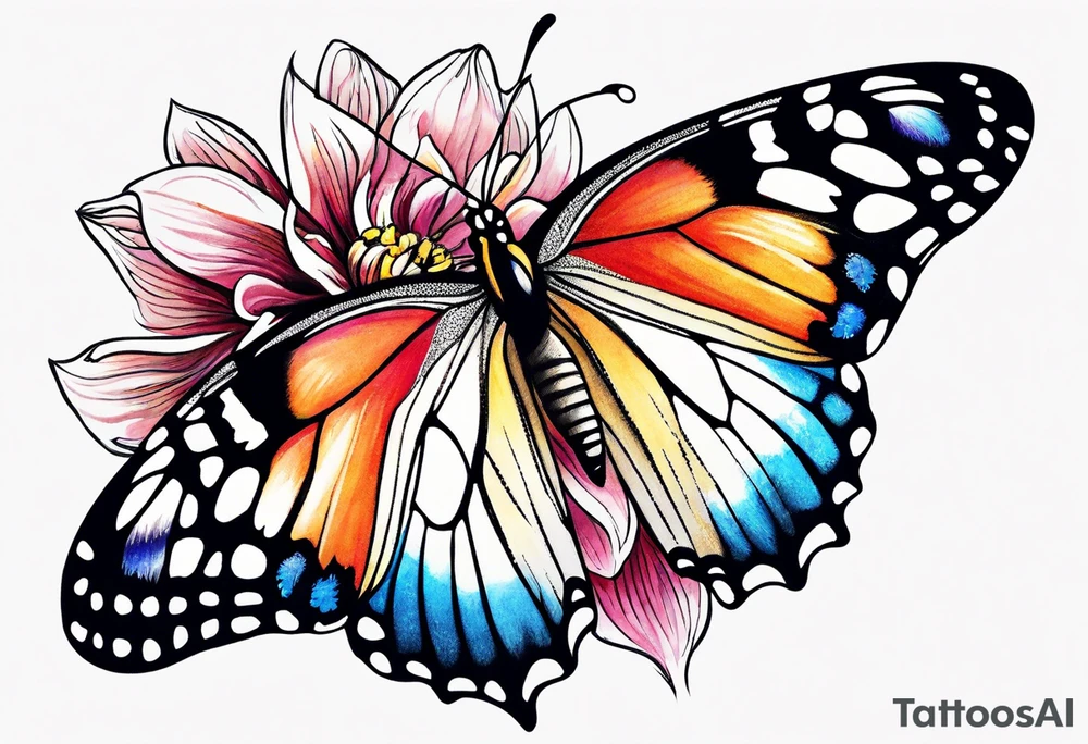 Butterfly: “A vibrant butterfly with colorful wings, resting on a flower, showcasing transformation and beauty.” tattoo idea