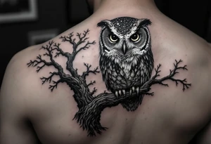 wise owl perched on ancient oak branch under starlit sky tattoo idea