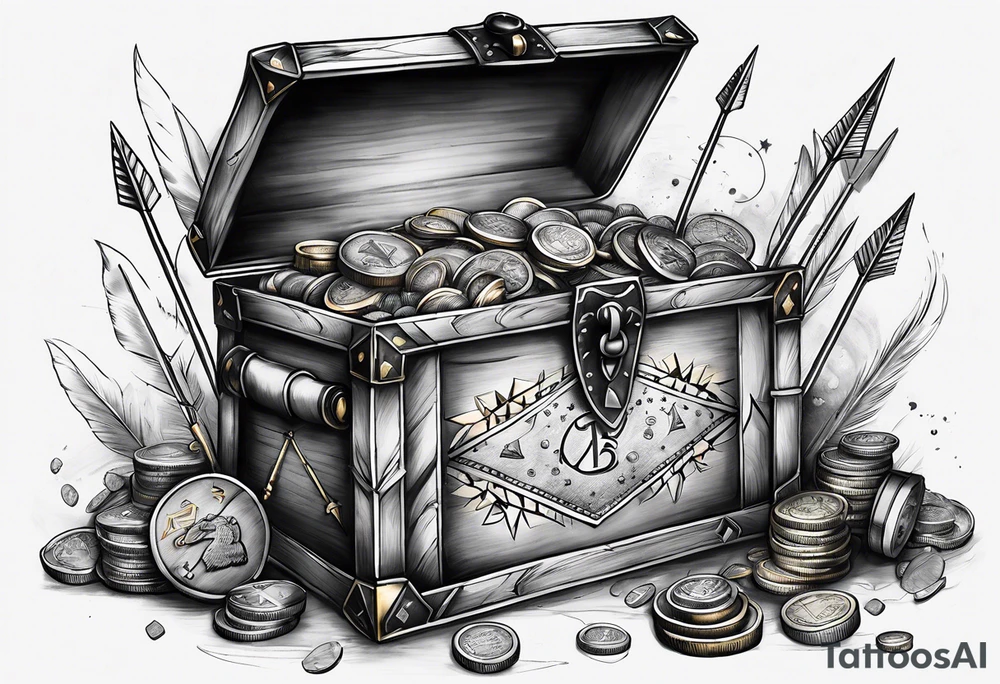 idea of adding Lucky stats to this tattoo. using 3 arrows to representing Luck, arrows stick on to a opened treasure box with gold and coins spreading everywhere. tattoo idea