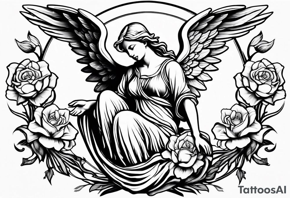 Simple Angel statue stood on a rock with daffodils and roses wrapped around its legs tattoo idea